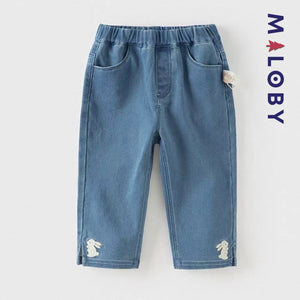 Pantalon jean avec broderies lapin enfant fille-Bleu