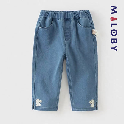 Pantalon jean avec broderies lapin enfant fille-Bleu