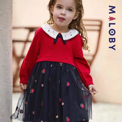 Robe habillée bi-matière enfant fille -Rouge -robes et ensembles pour filles, bébés et garcons - MALOBY