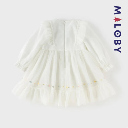Robe cérémonie brodée fleurs enfant fille -Beige