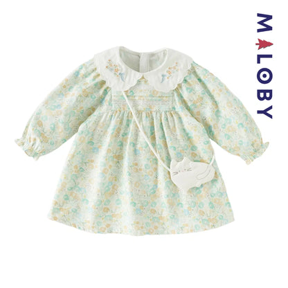 Robe Fleurie à col brodé avec mini sac chat enfant fille -Floral