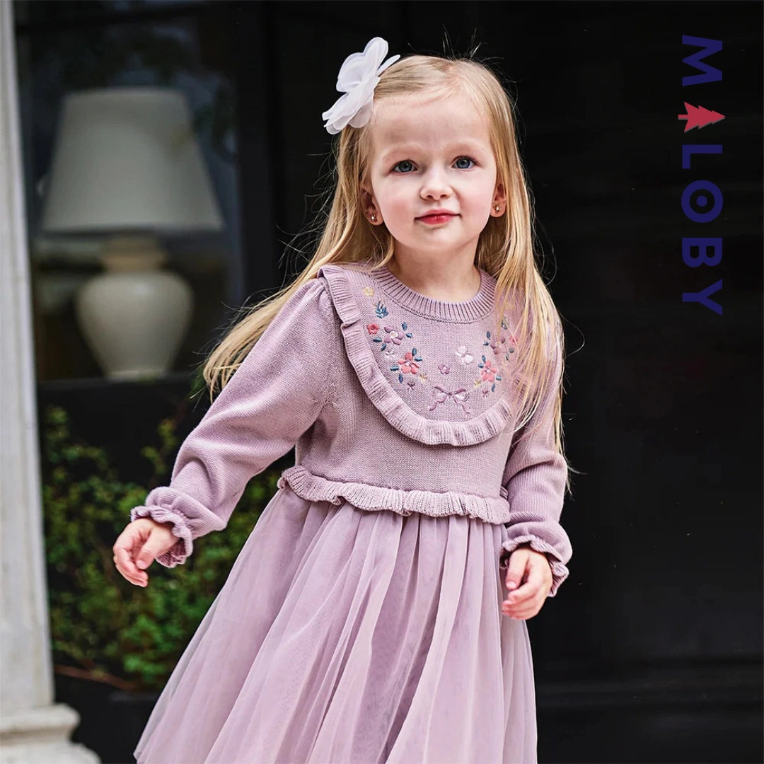 Robe bi-matière motifs brodés enfant fille- violet