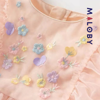 Robe de Cérémonie en Tulle à Broderie Florale 3D- Rose
