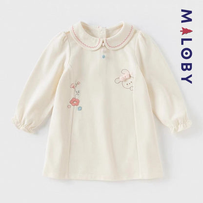 Robe manches longues en piqué de coton enfant fille- Beige