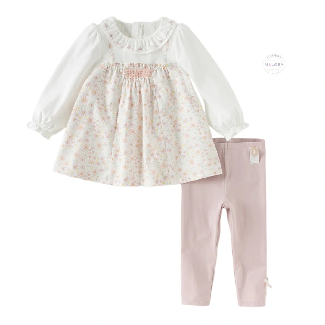 Ensemble fleuri blouse et legging effet 2 en 1 enfant fille rose - MALOBY