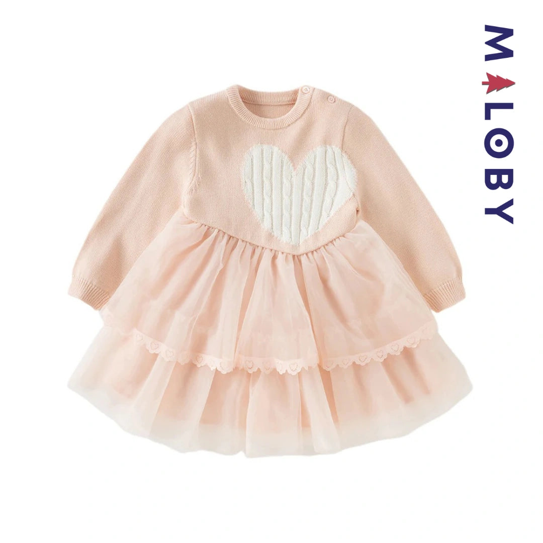 Robe bi-matière motif cœur enfant fille -Rose -robes et ensembles pour filles, bébés et garcons - MALOBY