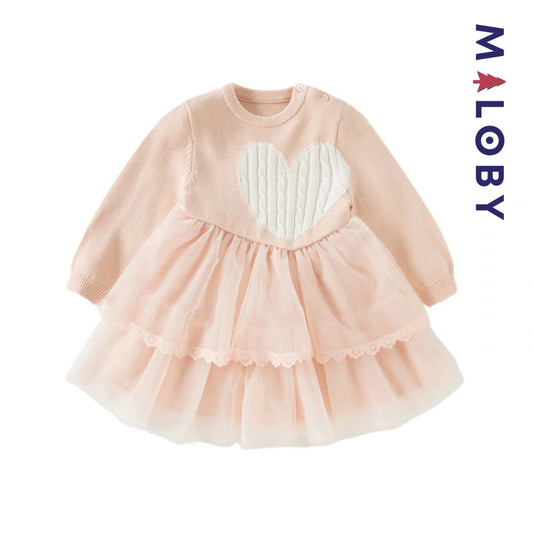 Robe bi-matière motif cœur enfant fille -Rose