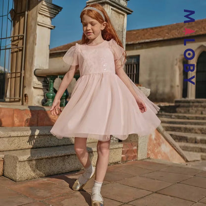 Robe princesse pour cérémonie en Tulle enfant fille- Rose