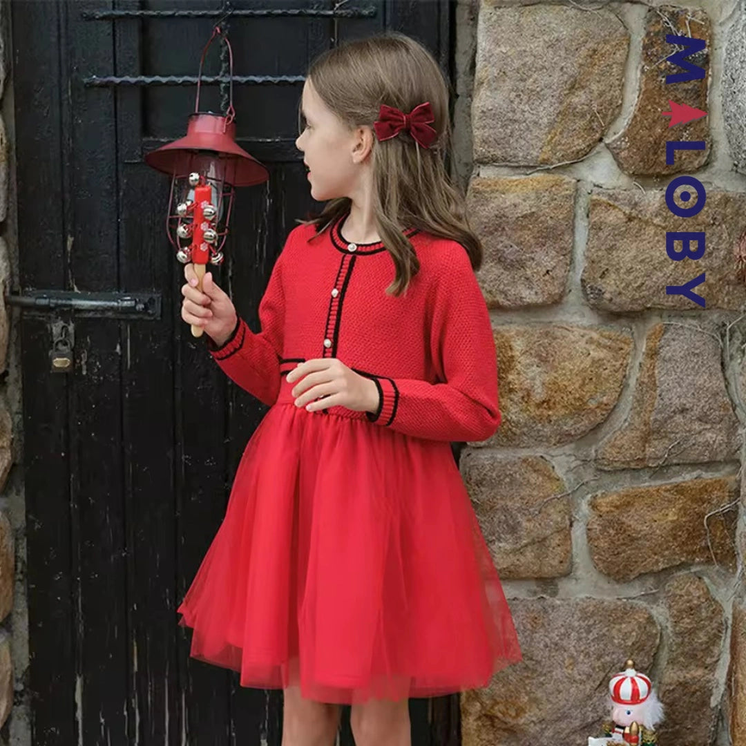 Robe habillée bi-matière enfant fille -Rouge -robes et ensembles pour filles, bébés et garcons - MALOBY