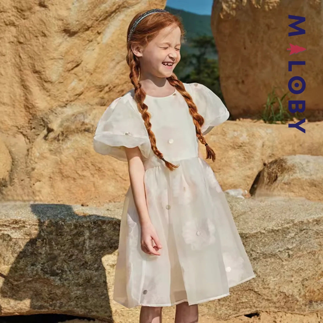 Robe princesse pour cérémonie à manches bouffantes enfant fille- Corail