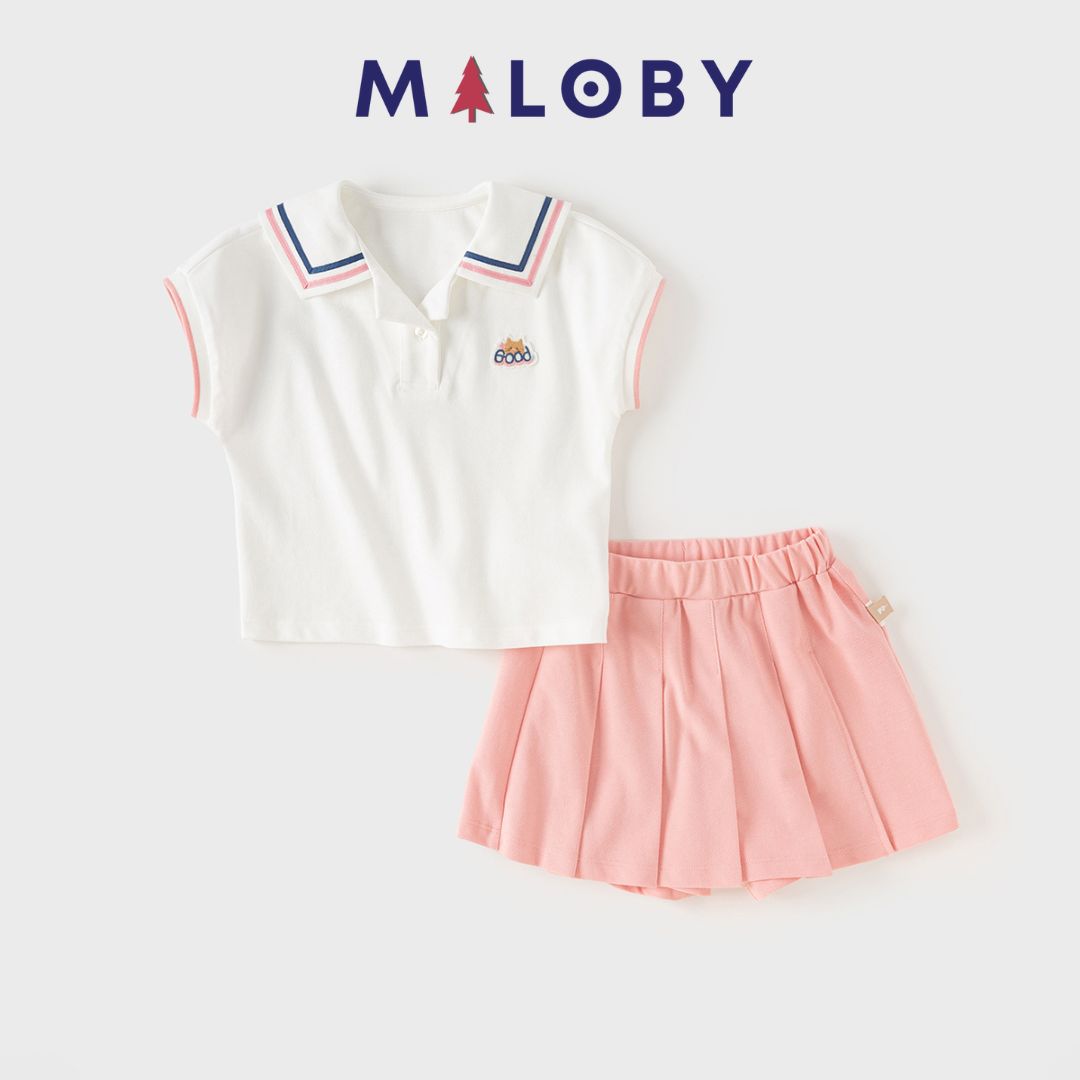 Ensemble Sweat et jupe short plissé -Blanc/Rose -robes et ensembles pour filles, bébés et garcons - MALOBY