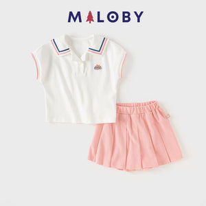 Ensemble Sweat et jupe short plissé -Blanc/Rose -robes et ensembles pour filles, bébés et garcons - MALOBY