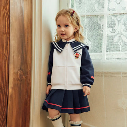 Ensemble Style Marin – Veste Zippée et Jupe Plissée enfant fille -Marine