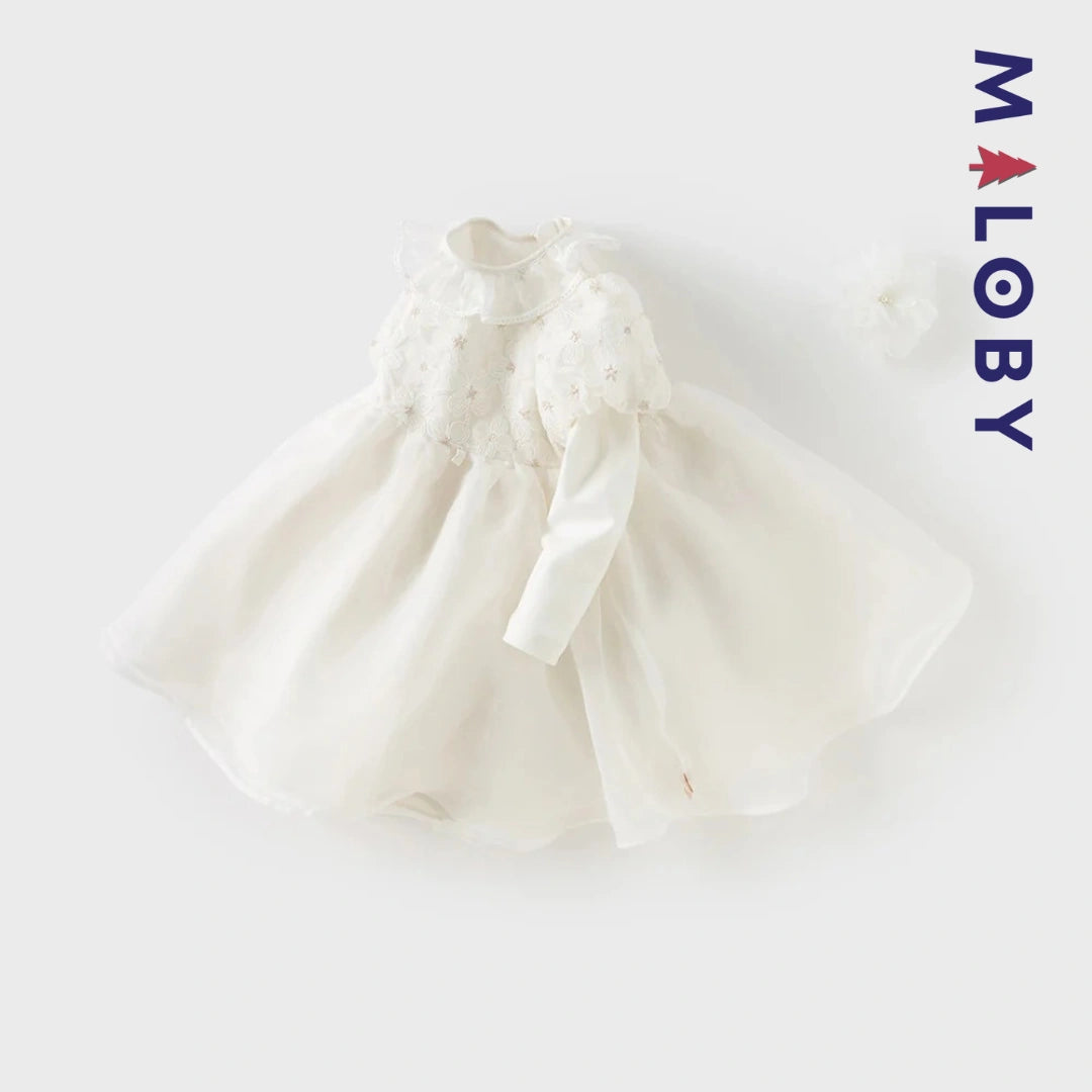 Robe cérémonie manches longues fleurettes - blanc