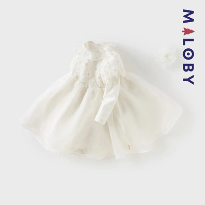 Robe cérémonie manches longues fleurettes - blanc