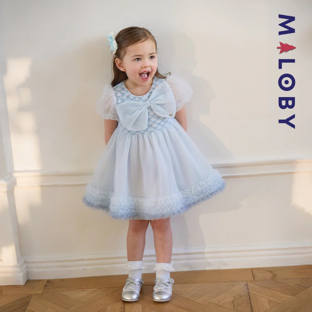 Robe princesse en tulle légère à manches courtes grise et bleue pour filles