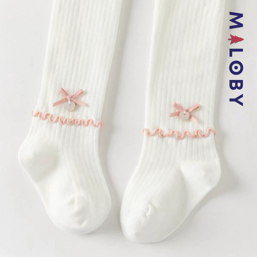 Collant côtelé avec nœud et cœur  enfant fille –Gris/Beige