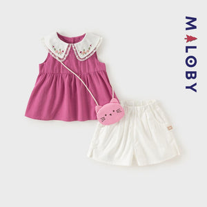 Ensemble fille blouse , short et sac - Rose