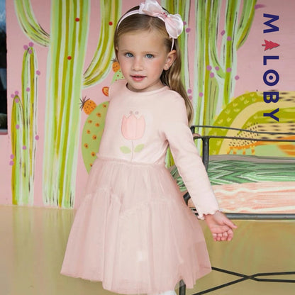 Robe cérémonie bi-matière motif fleur enfant fille- Rose