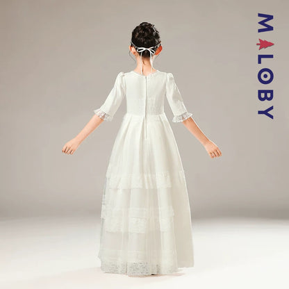 Robe longue de cérémonie en dentelle -Blanc