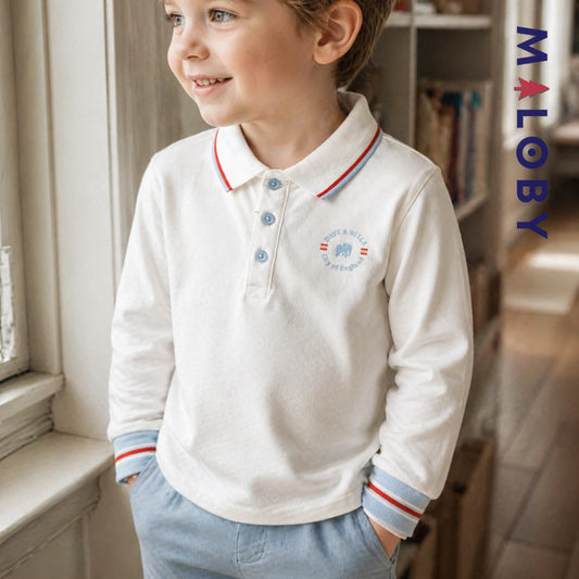 Polo manches longues en coton premium enfants garçon –Blanc