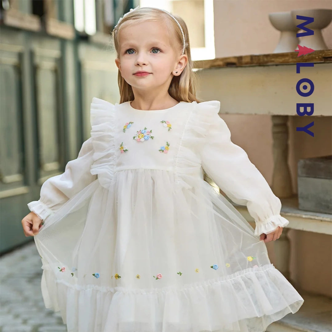Robe cérémonie brodée fleurs enfant fille -Beige