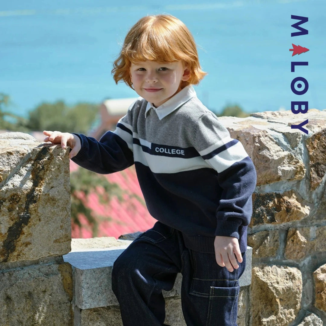 Pull à col chemise enfant garçon- marine -robes et ensembles pour filles, bébés et garcons - MALOBY