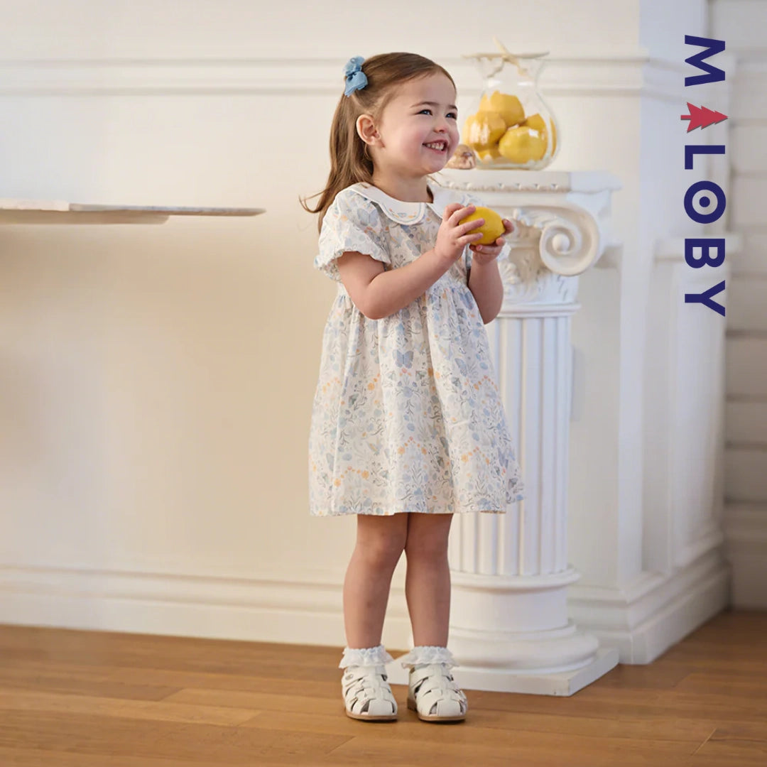 Robe fleurie col claudine enfant fille- Blanc imprimé