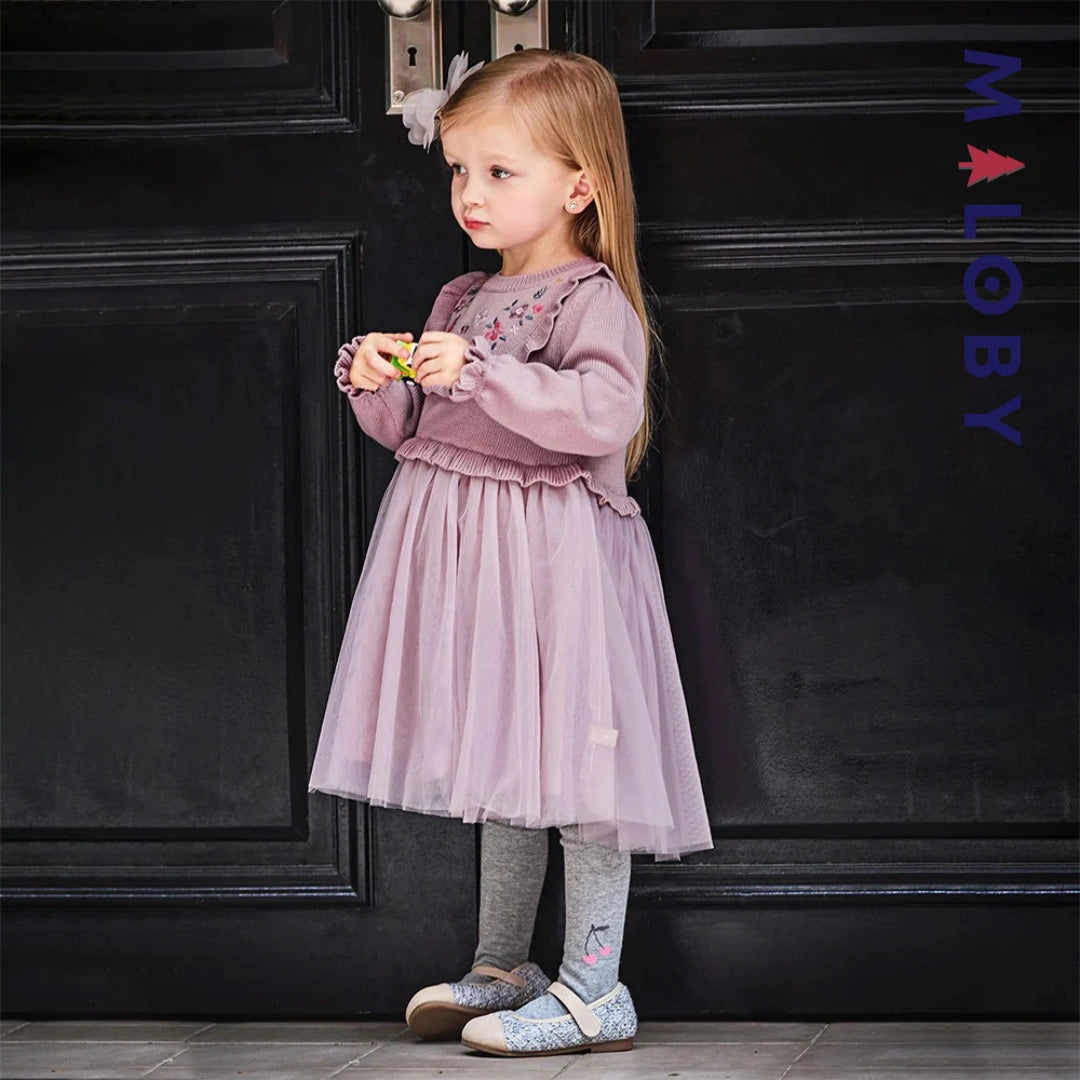 Robe bi-matière motifs brodés enfant fille- violet