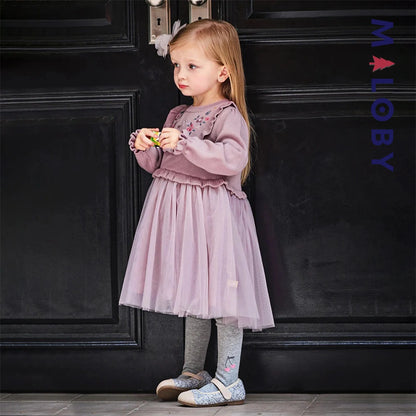 Robe bi-matière motifs brodés enfant fille- violet