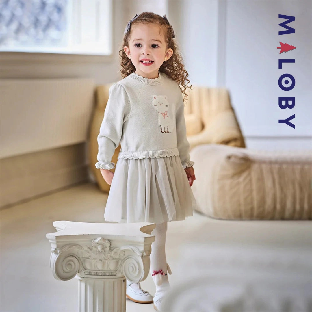 Robe bi-matière motif chat enfant fille- gris
