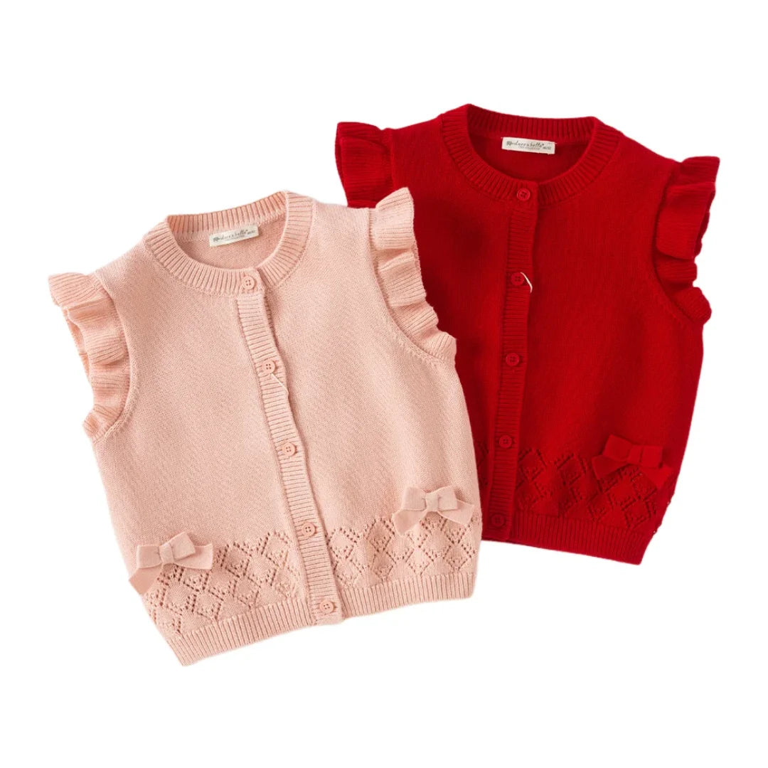 Gilet sans manches en maille 100% coton enfant fille -Rouge/Rose