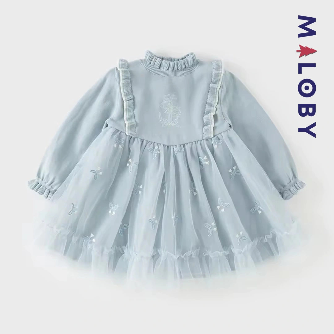 Robe princesse bi-matière enfant fille -Bleu ciel -robes et ensembles pour filles, bébés et garcons - MALOBY