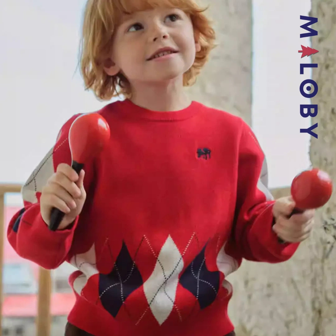 Pull Jacquard encolure ronde enfant garçon -Rouge -robes et ensembles pour filles, bébés et garcons - MALOBY