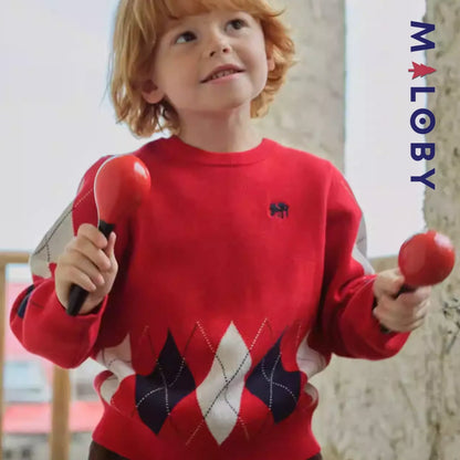 Pull Jacquard encolure ronde enfant garçon -Rouge -robes et ensembles pour filles, bébés et garcons - MALOBY
