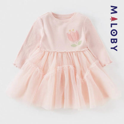 Robe cérémonie bi-matière motif fleur enfant fille- Rose