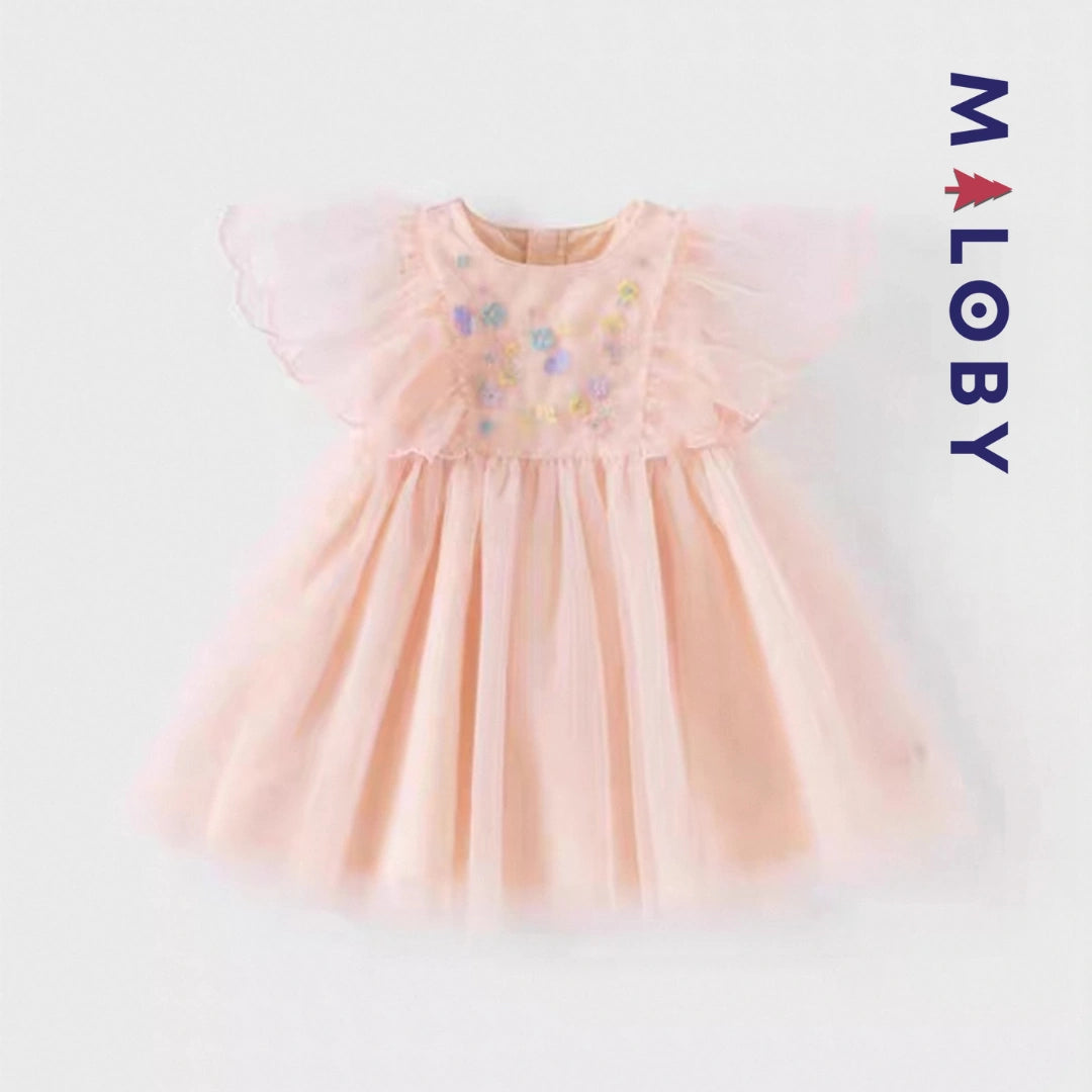 Robe de Cérémonie en Tulle à Broderie Florale 3D- Rose