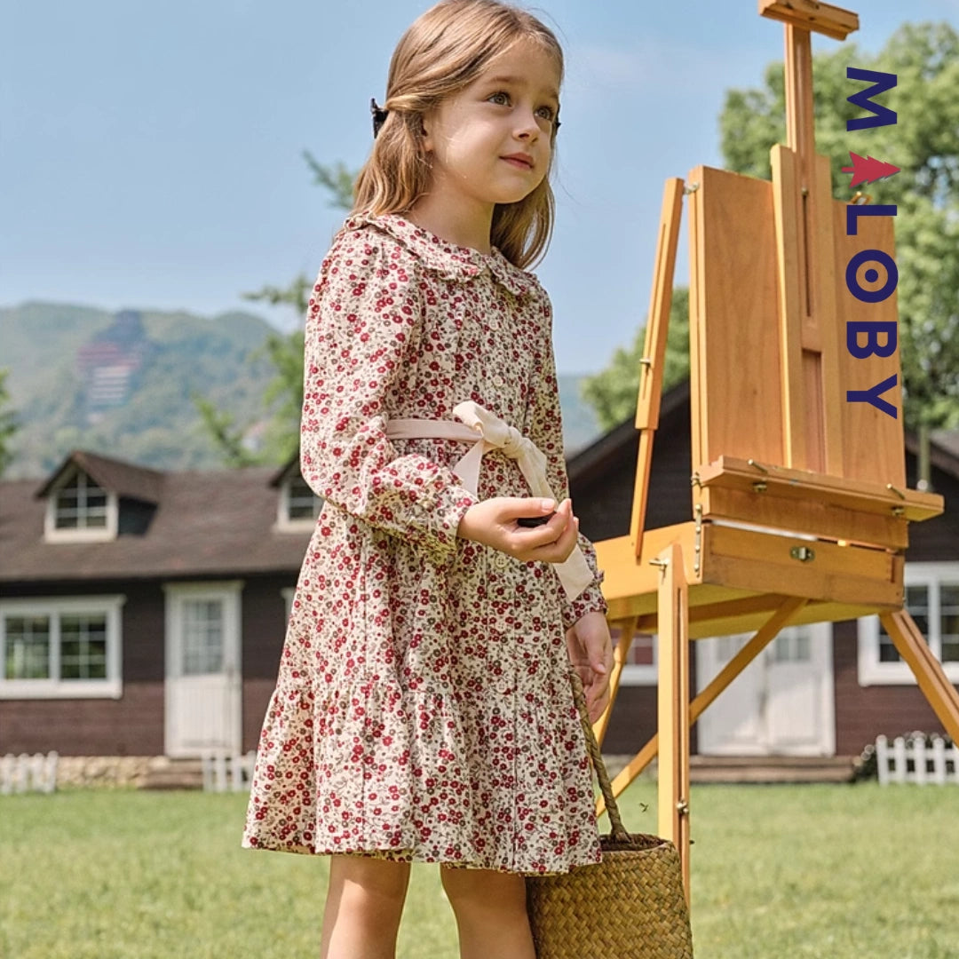 Robe en velours motifs fleuris enfant fille - Beige/Rouge imprimé -robes et ensembles pour filles, bébés et garcons - MALOBY