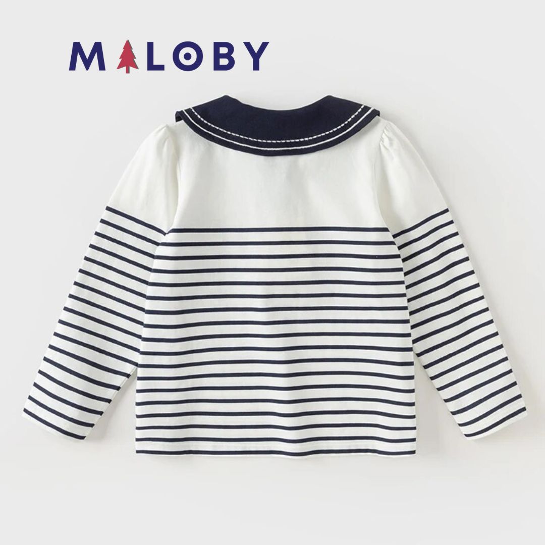 T-shirt marinière manche Longues- Blanc/Marine -robes et ensembles pour filles, bébés et garcons - MALOBY