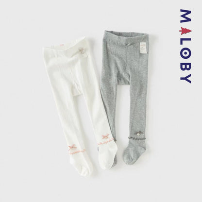 Collant côtelé avec nœud et cœur  enfant fille –Gris/Beige