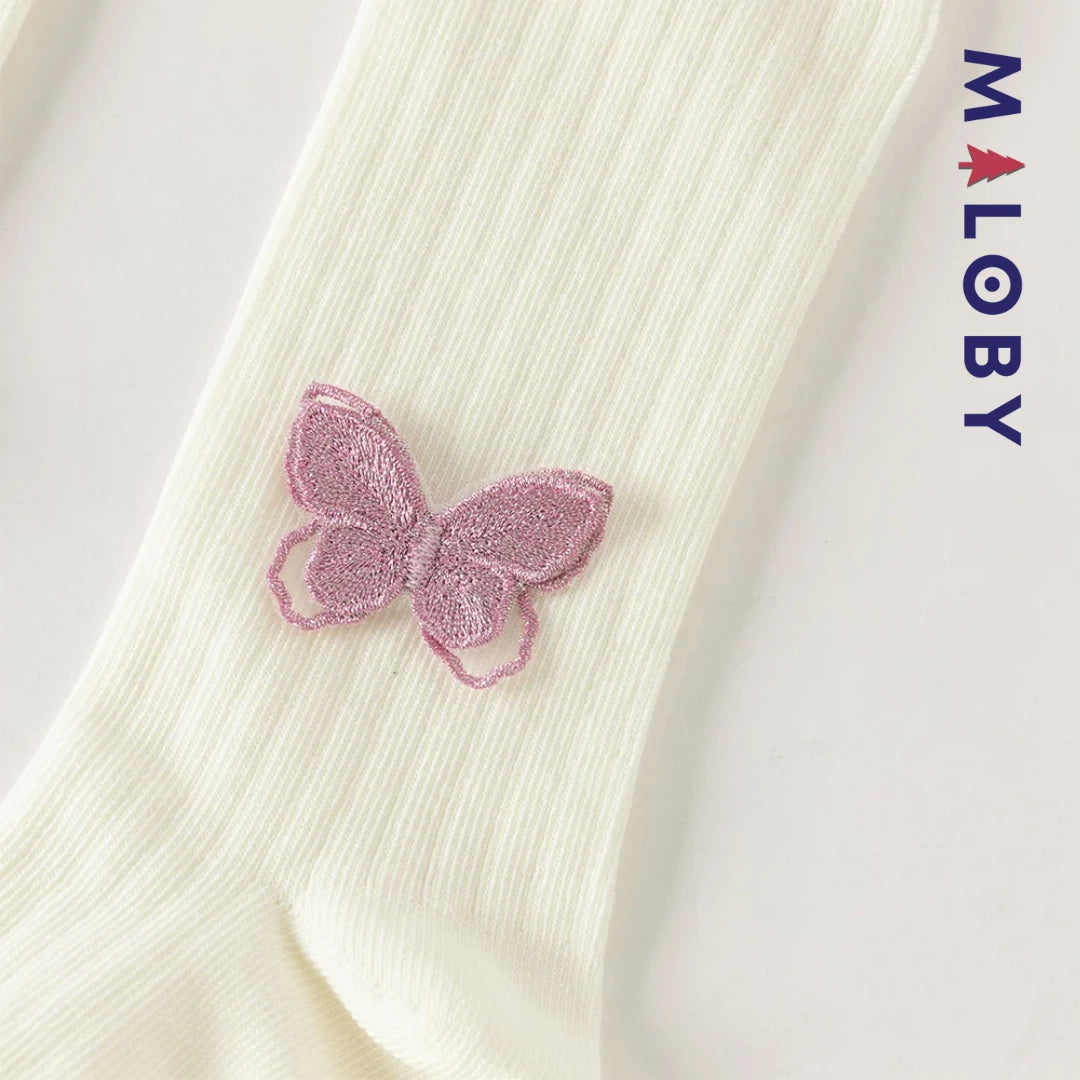 Collant côtelé avec papillons brodés enfant fille– Beige