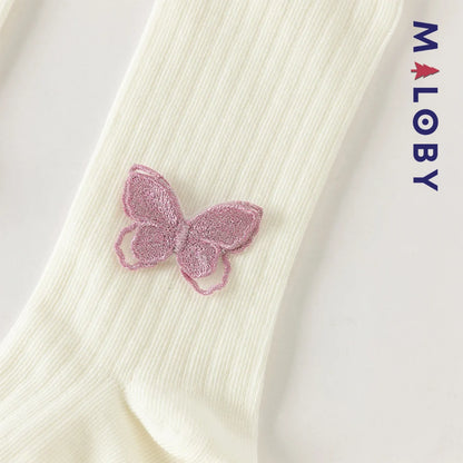 Collant côtelé avec papillons brodés enfant fille– Beige