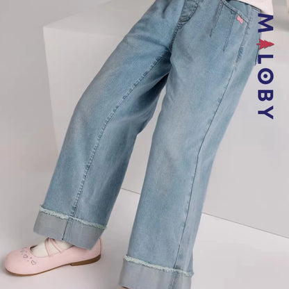 Pantalon denim avec large revers enfant fille-Bleu -robes et ensembles pour filles, bébés et garcons - MALOBY
