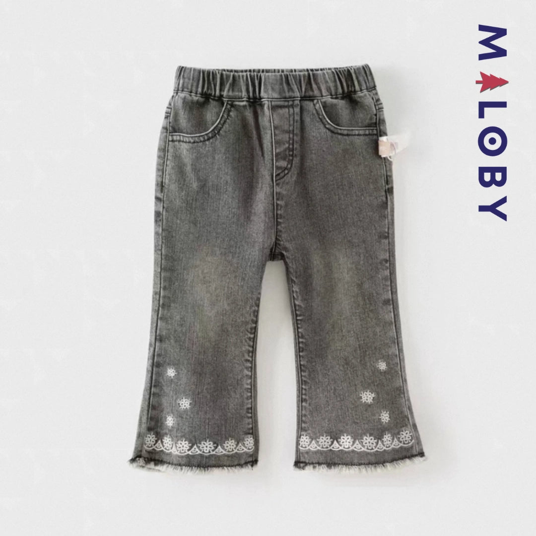 Pantalon jean évasé brodé enfant fille –Gris