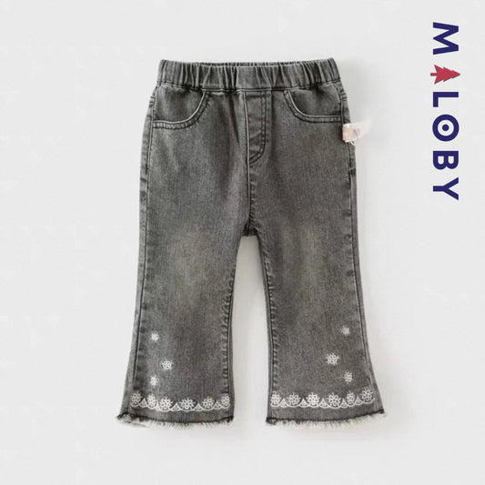 Pantalon jean évasé brodé enfant fille –Gris