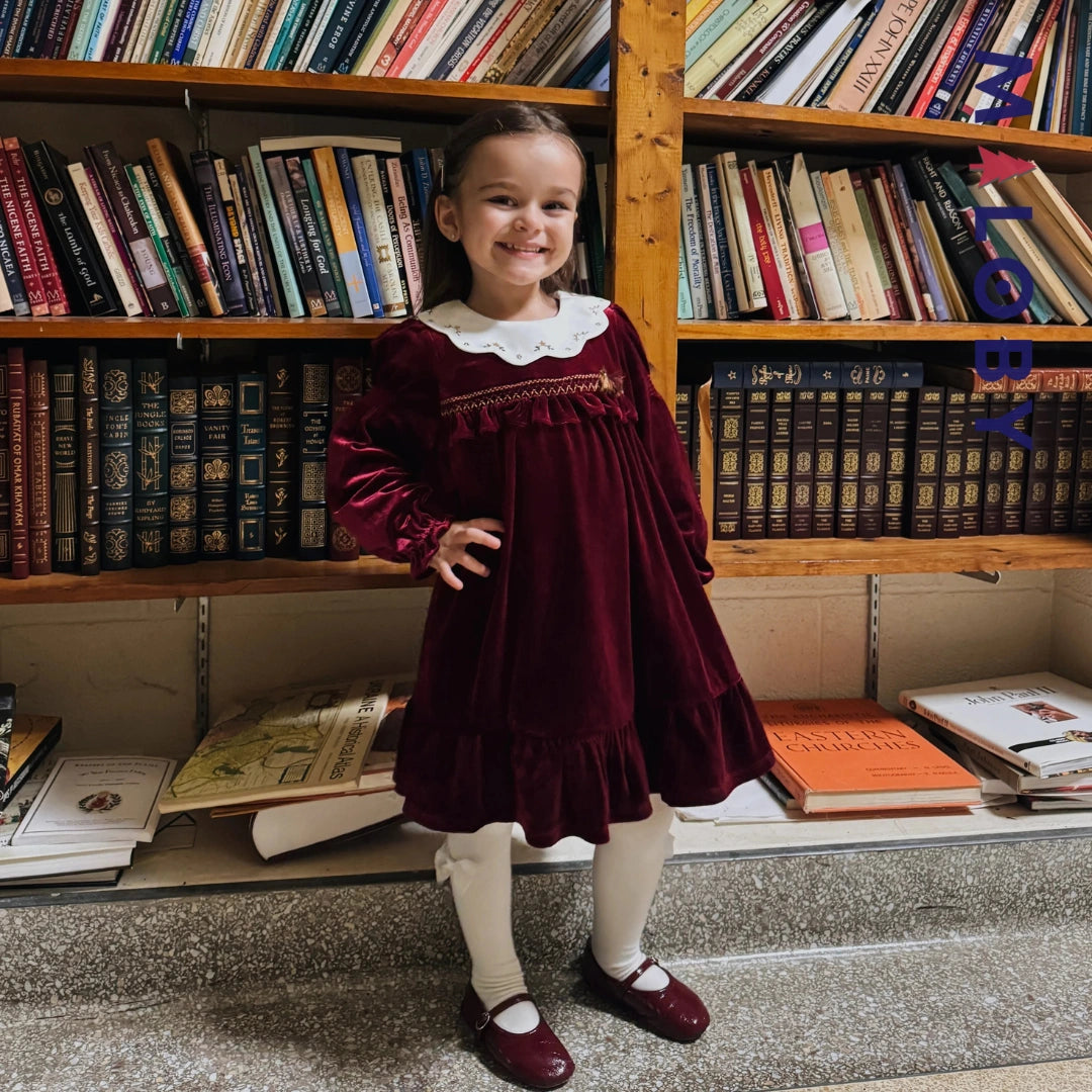 Robe en velours unie enfant fille - bordeaux