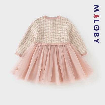 Robe à carreaux manches longues enfant fille - Rose