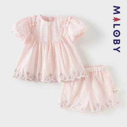 Ensemble  d'été en dentelle Tunique+Short enfant fille -Rose