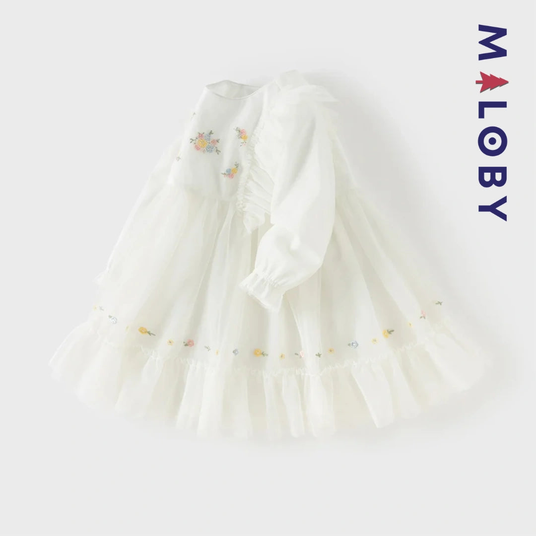Robe cérémonie brodée fleurs enfant fille -Beige