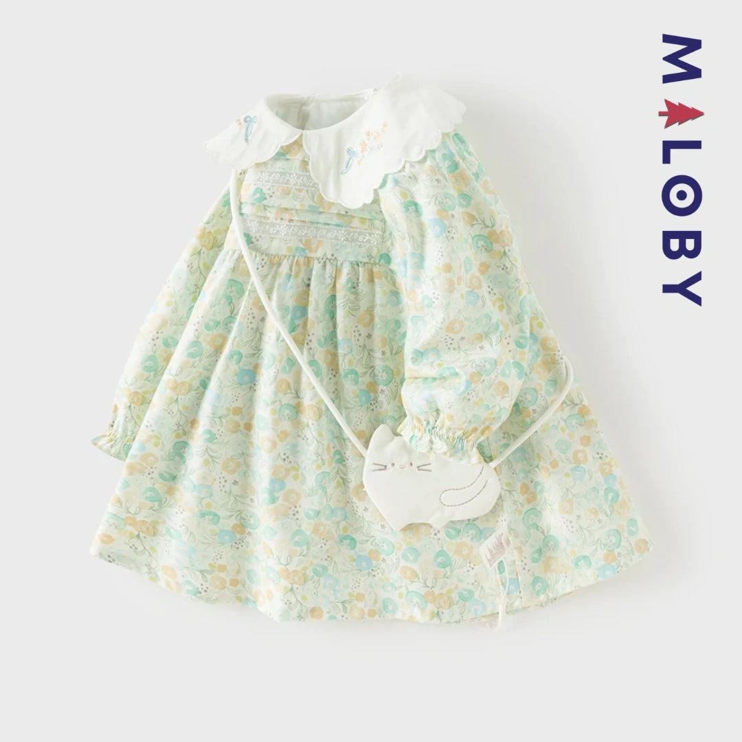 Robe Fleurie à col brodé avec mini sac chat enfant fille -Floral